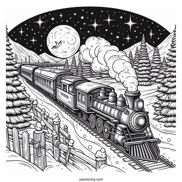Detailed Polar Express Coloring Page Of Train In A Snowy Night