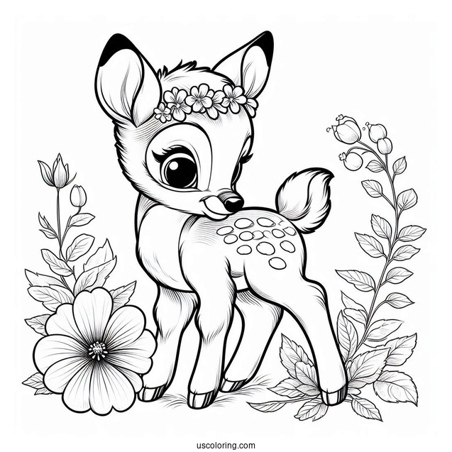 Detailed Coloring Sheet Of Bambi With Flower And Violet
