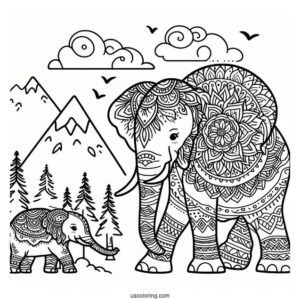 Mandala Elephant Standing Next To Mountain