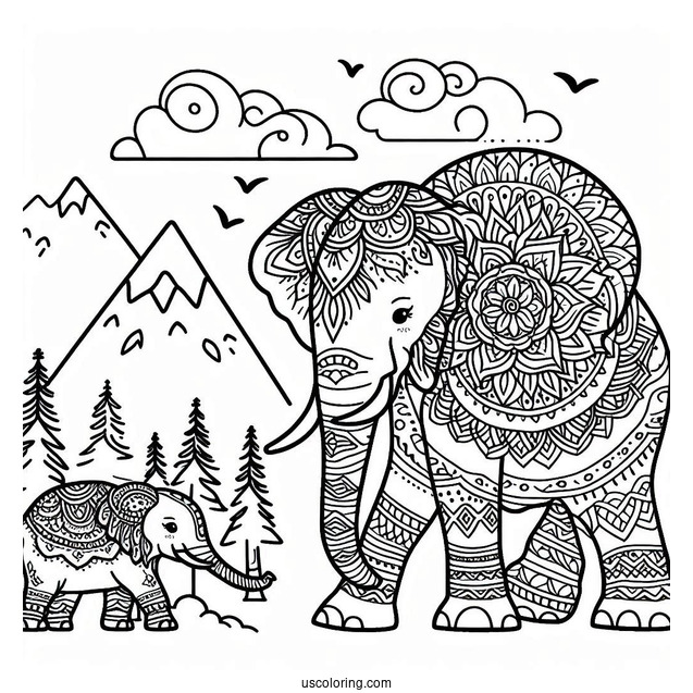 Mandala Elephant Standing Next To Mountain