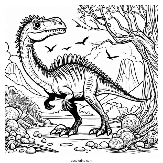 Scary Troodon In The Mountain Coloring Page