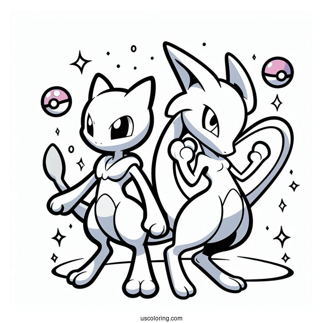 Mewtwo and Mew Miraculous Duo Coloring Page
