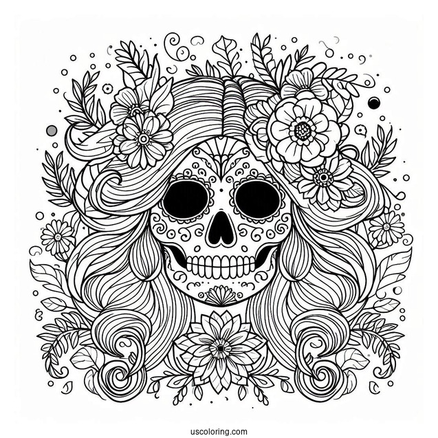 Sugar Skulls Coloring Page With Hair And Floral Background