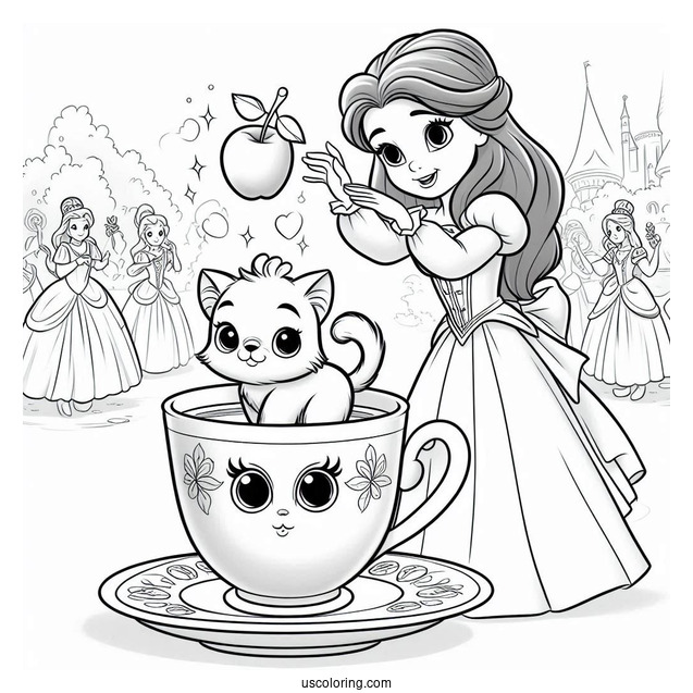 Palace Pets Coloring Page Of Teacup Performing Tricks For Belle And The Villagers