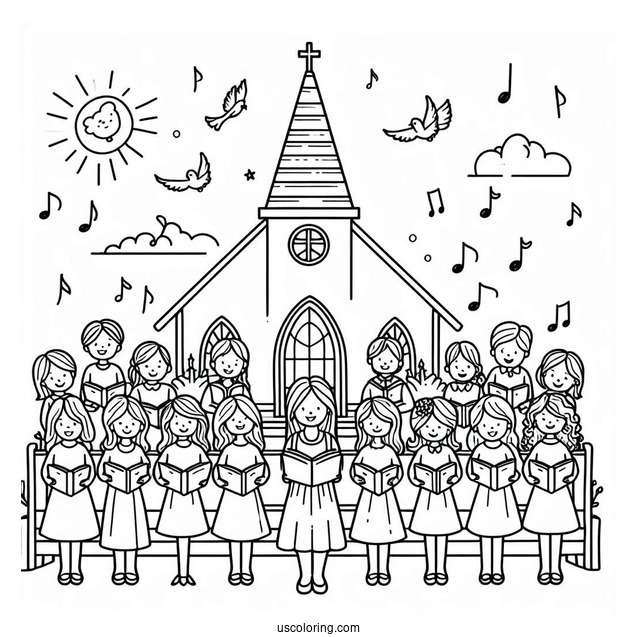 Easy Outline Of Church Coloring Page With Choir For Kids