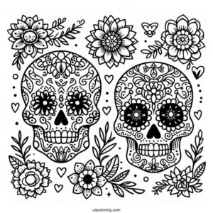 Sugar Skulls Coloring Page With Floral Patterns For Preschoolers