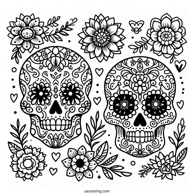 Sugar Skulls Coloring Page With Floral Patterns For Preschoolers