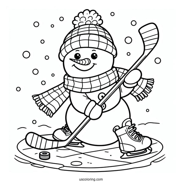 Coloring Sheet Of a Snowman Playing Ice Hockey