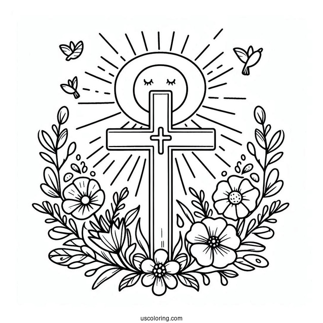 Easter Coloring Page Of Cross With Flowers And Sun On Easter For Kids