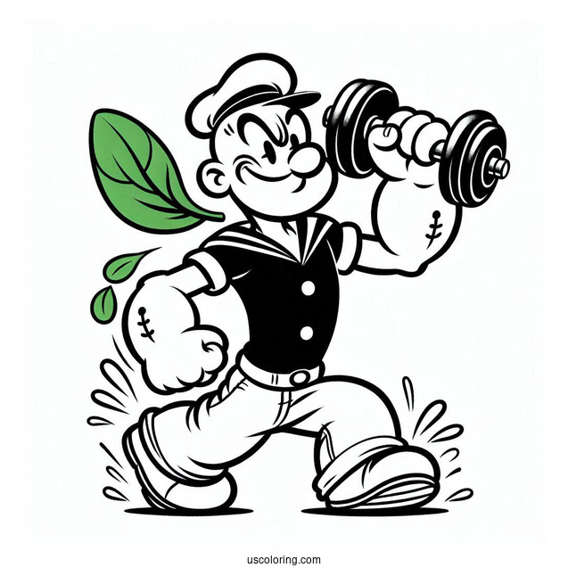 Easy Popeye Coloring Page Lifting Dumbbell While Holding Spinach For Kids