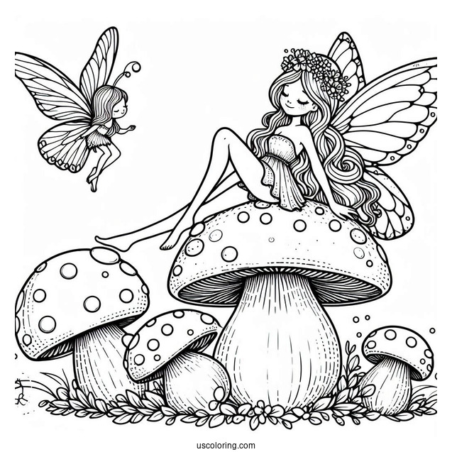 Beautiful Fairy Lounging On Top Of A Mushroom Coloring Page
