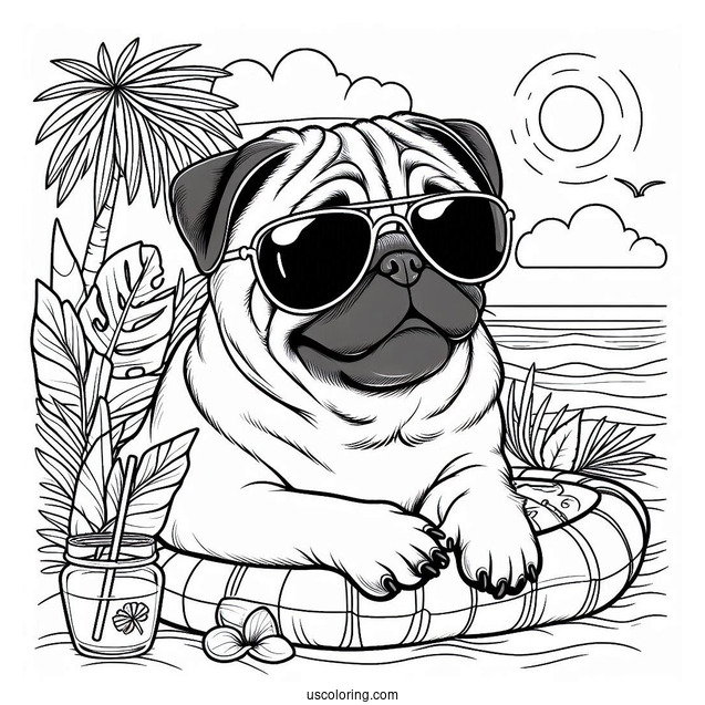 Cool Pug Coloring Page Wearing Sunglasses on a Tropical Vacation