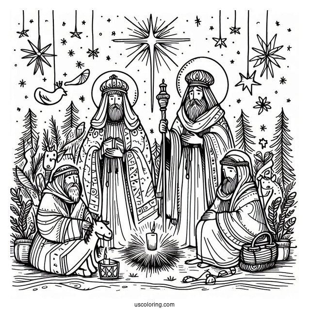 Simple Nativity Coloring Page With The Wise Men