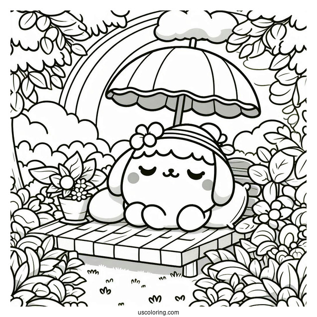 Cute Pompompurin Sleeping In Garden Coloring Sheet