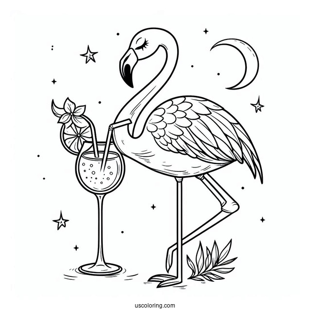 Flamingo Relaxing Drinking a Cocktail To Color