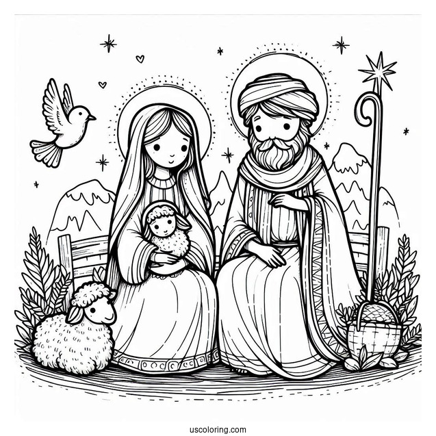 Adorable Nativity Coloring Page With A Shepherd And A Wise Man