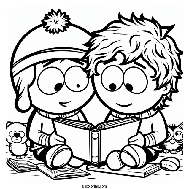 South Park Coloring Page Of Kyle Broflovski And Kenny McCormick Reading Together