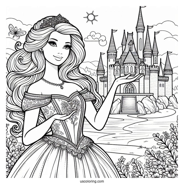 Princess Barbie In Front Of Castle To Color