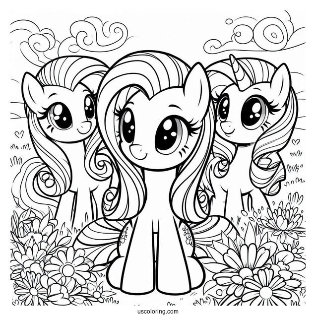 Smiling Fluttershy, Rarity, and Twilight Sparkle in Field