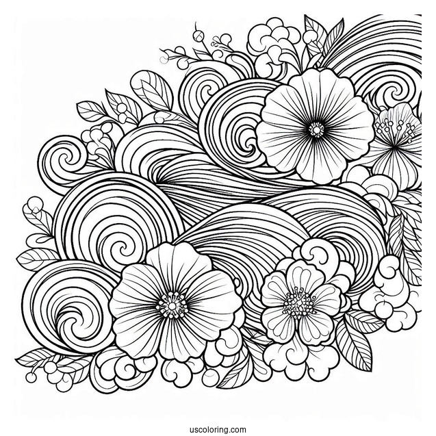Waves And Flowers Pattern Coloring Page