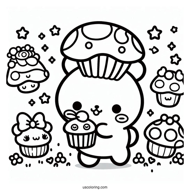 Sanrio Coloring Pages Of Cute Pompompurin Carrying Mushroom Cupcakes