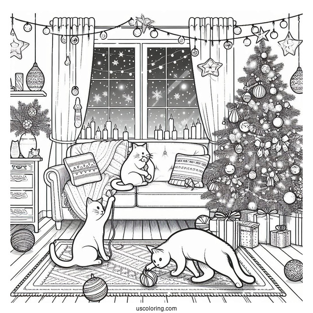 Christmas Coloring Pages For Adults Of Three Cats Playing In Living Room With Christmas Tree