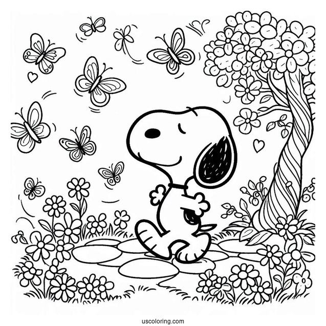 Snoopy Walking In Park With Butterflies