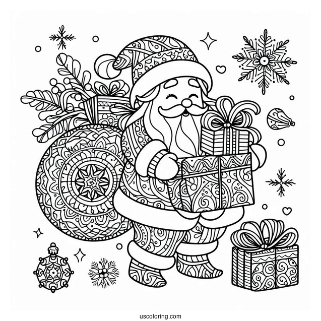 Santa Claus Carrying Presents Christmas Mandala Coloring Page For Kids