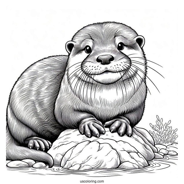Realistic Otter Coloring Page Sitting On Rock