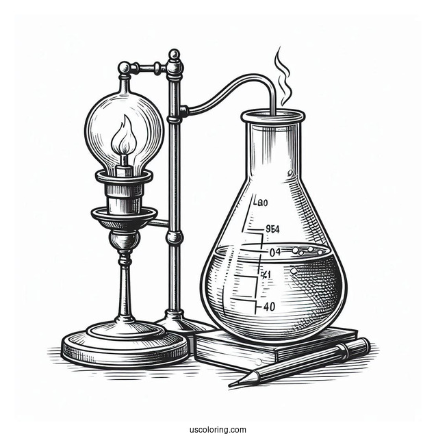 Science Coloring Page Of Volumetric Flask Being Heated On Stand Above Alcohol Lamp