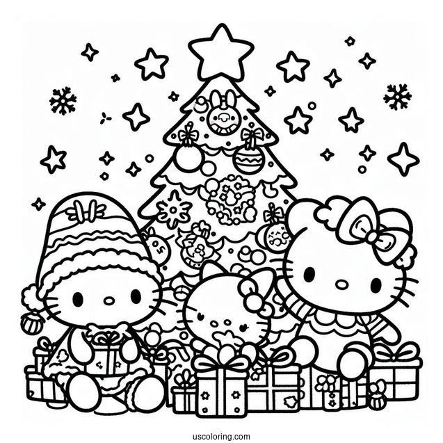 Sanrio Coloring Pages Of Friends Decorating Christmas Tree