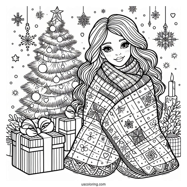 Christmas Coloring Pages For Adults Of Cartoon Woman Wrapped In Quilt In Front Of Christmas Tree