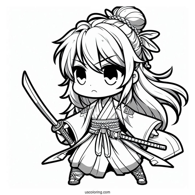 Fierce Young Chibi Coloring Page Samurai in Battle Robes