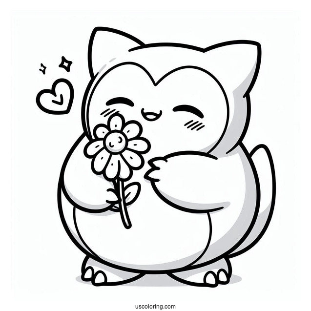 Kawaii Snorlax Coloring Page Holding Flower For Kids