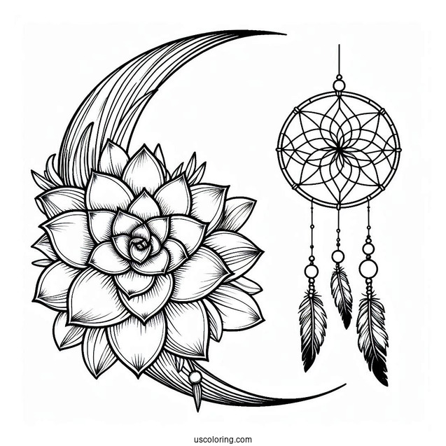 Succulent Coloring Page On A Crescent Moon Dreamcatcher