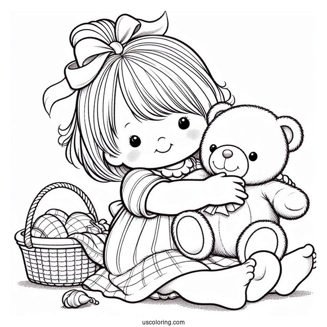 Precious Moments Coloring Page Of Toddler Holding Teddy Bear For Preschoolers