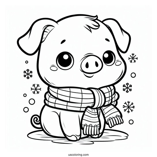 Piglet Coloring Page Wearing A Scarf in Winter