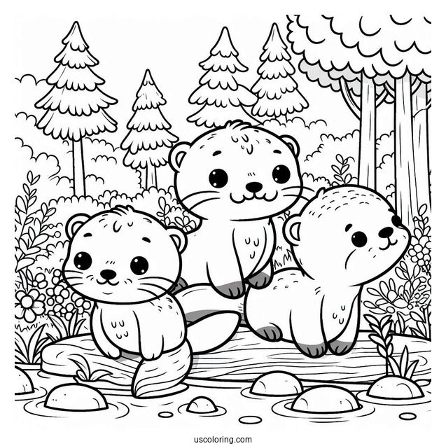Kawaii Otter Coloring Page In The Forest For Kids