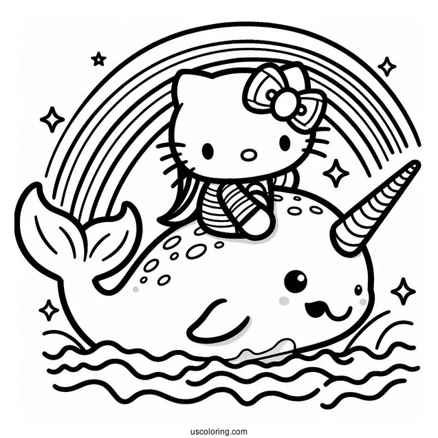 Hello Kitty Riding A Narwhal Coloring Page Over The Rainbow