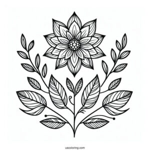 Easy Flower Mandala Coloring Page With Stem And Long Leaves