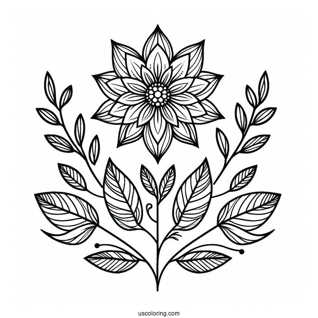Easy Flower Mandala Coloring Page With Stem And Long Leaves