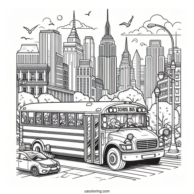Realistic School Bus Coloring Page In A Busy City