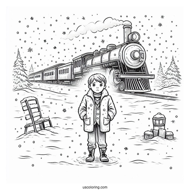 Polar Express Coloring Page Of Lonely Boy Standing In The Snow