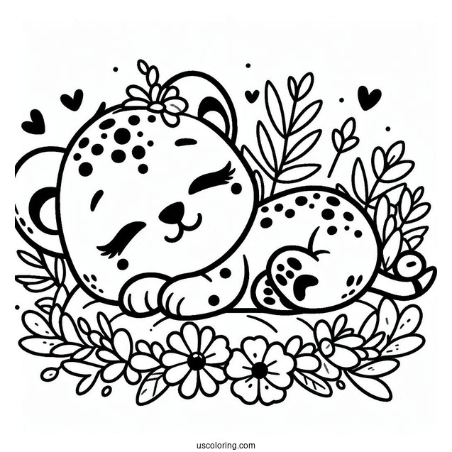 Kawaii Cheetah Coloring Page Sleeping On Its Back With Flowers