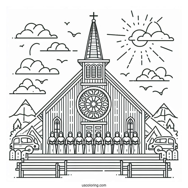Easy Outline Of Church Coloring Page With Choir For Kids