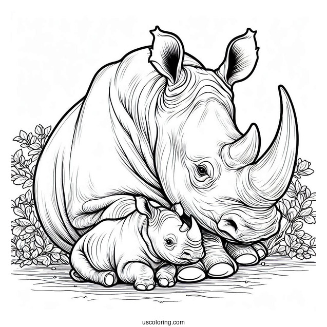 Coloring Page Of New Born Rhino And Mother