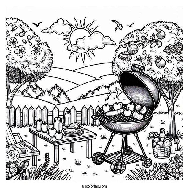 Summer Coloring Page Of Grill In The Backyard With Apples On The Grass