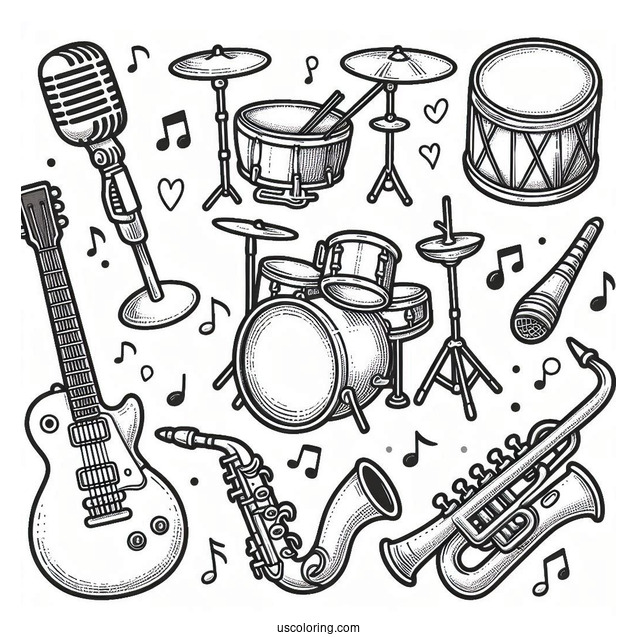 Music Coloring Page Of Electric Guitar, Drum, Trumpet, Saxophone, And Microphone