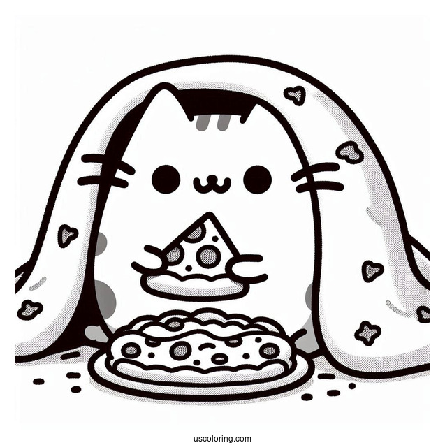 Pusheen Under Blanket Eating Pizza