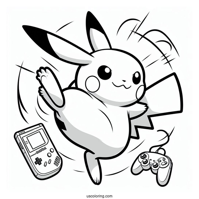 Raichu Coloring Page Kicking Air With Game Boy In Background